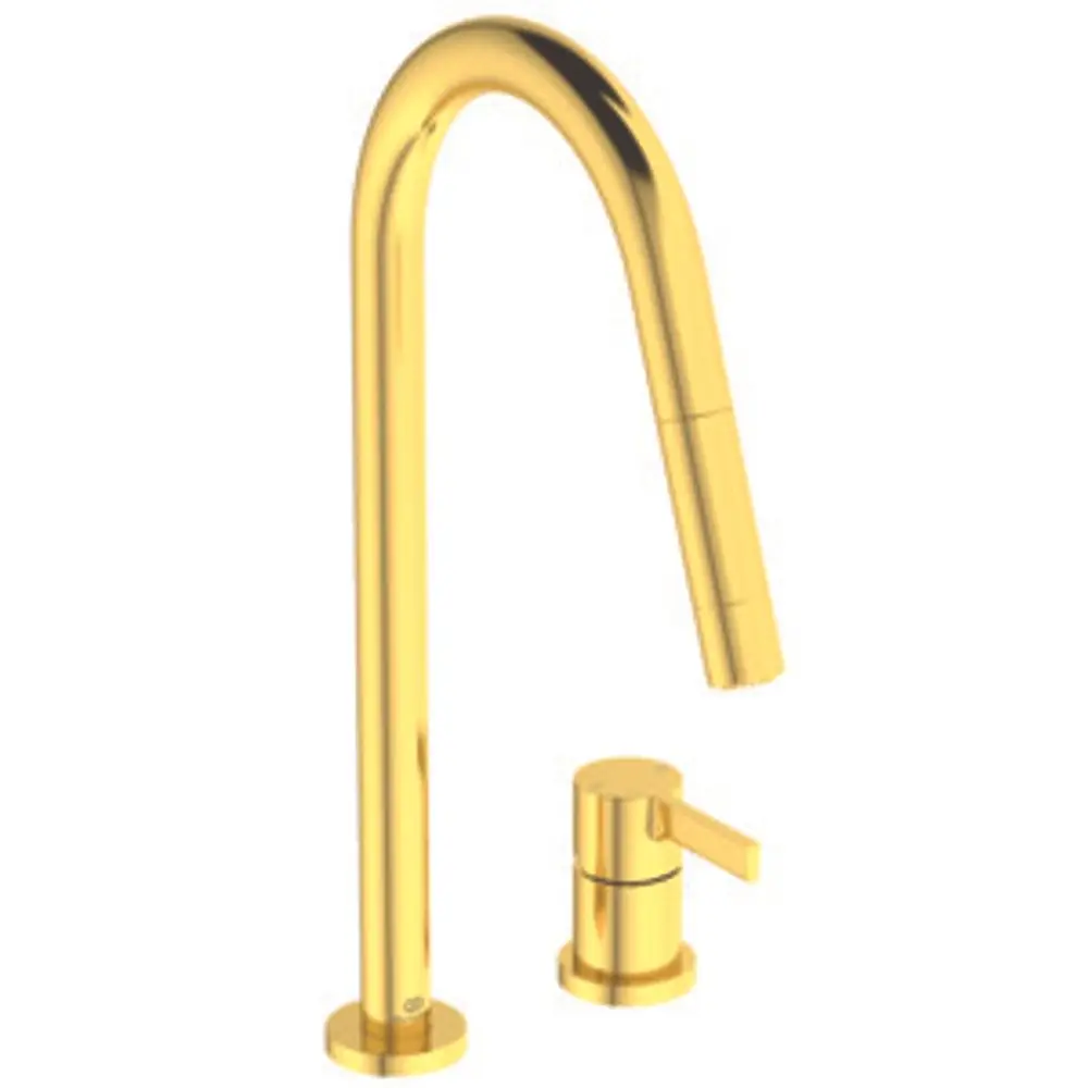 Schwenkbarer Küchenwasserhahn in glänzendem Goldfinish von Ideal Standard. Zwei Teile, mit separater Bedienung für Wasser und Brause.